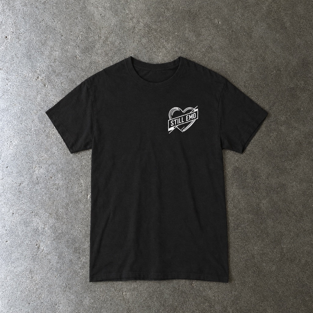 Still Emo Badge Tee toddler tee in black, laid flat