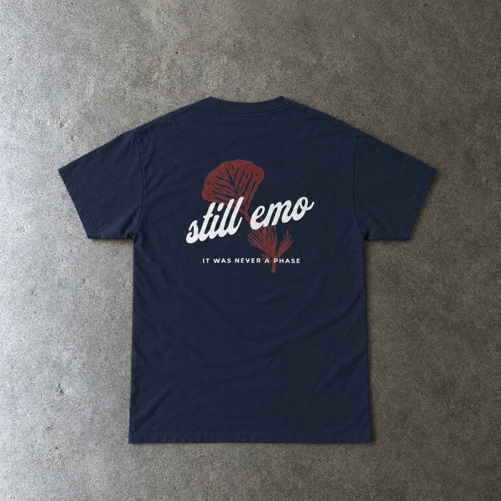 Still Emo Flower Tee toddler tee in navy, laid flat, back view