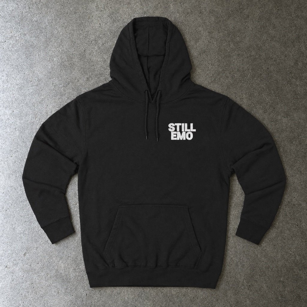 Still Emo Never a Phase Hoodie toddler tee in black, laid flat