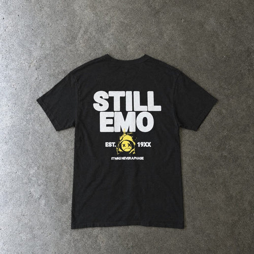 Still Emo Never A Phase Tee toddler tee in black, laid flat, back view