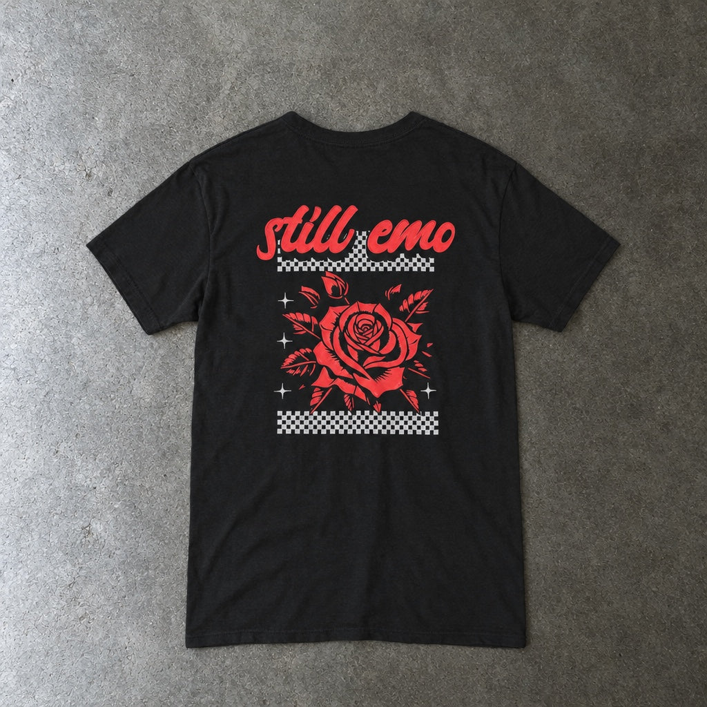 Still Emo Rose Tee toddler tee in black, laid flat, back view
