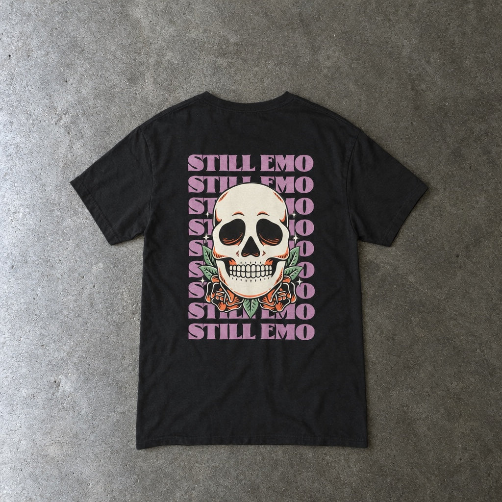 Still Emo Skull Tee toddler tee in black, laid flat, back view