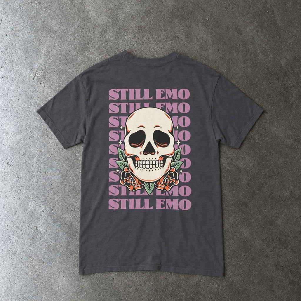 Still Emo Skull Tee toddler tee in charcoal, laid flat, back view