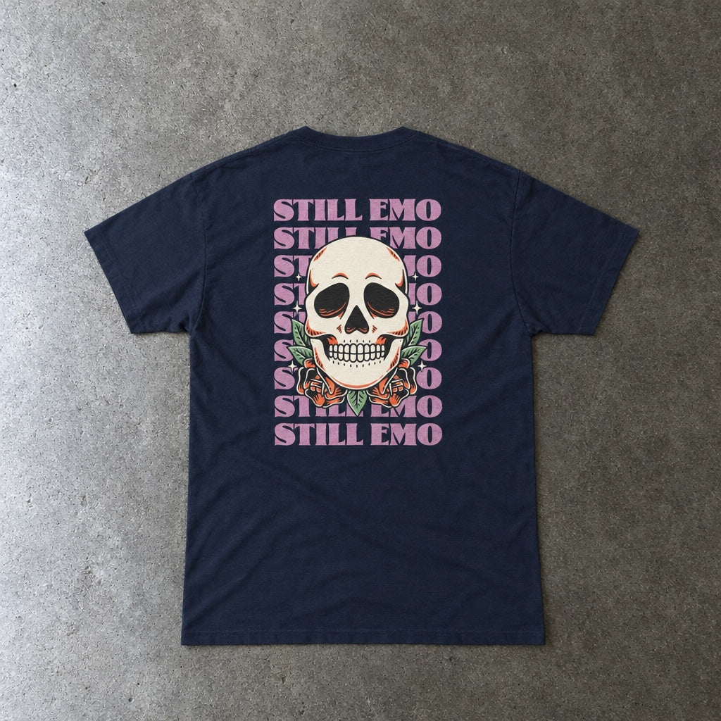Still Emo Skull Tee toddler tee in navy, laid flat, back view