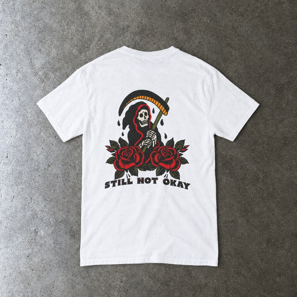 Still Not Okay Tee toddler tee in white, laid flat, back view