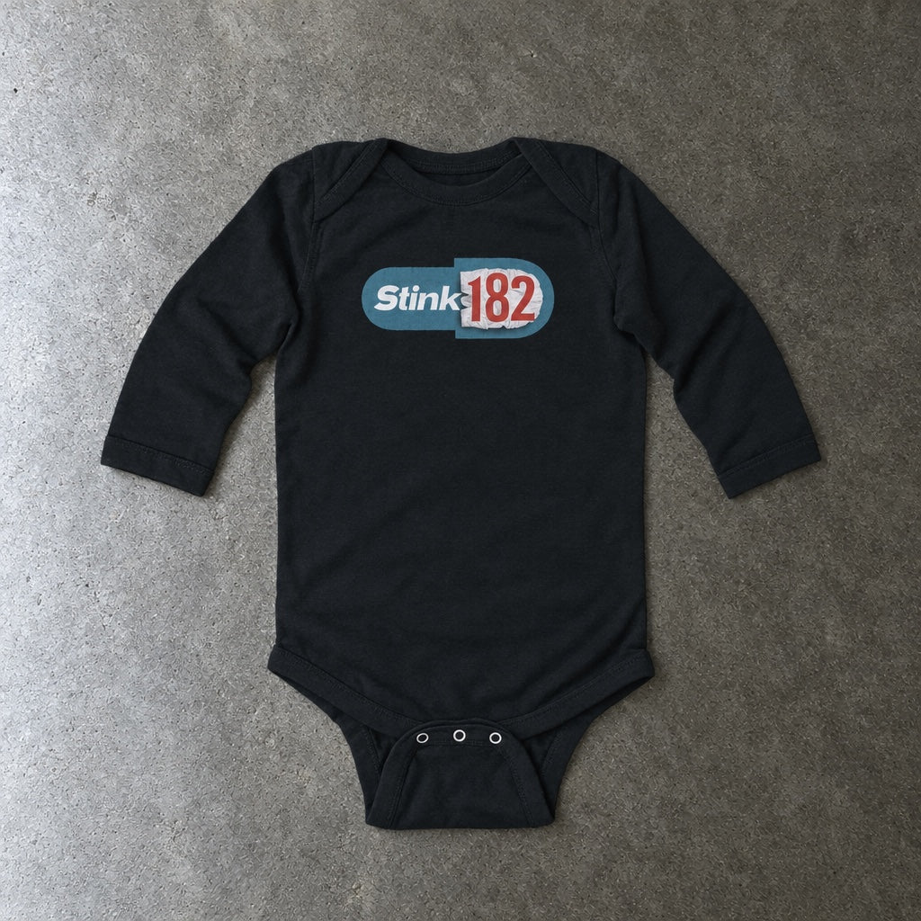 Stink-182 long sleeve onesie in black, laid flat
