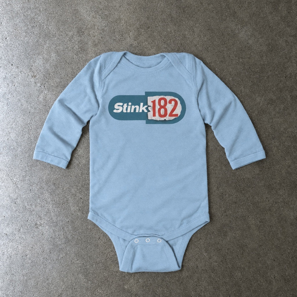 Stink-182 long sleeve onesie in light blue, laid flat