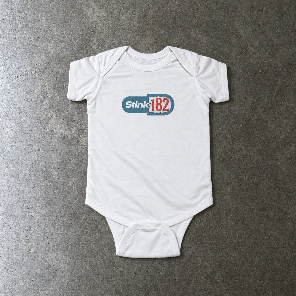 Stink-182 onesie in white, laid flat