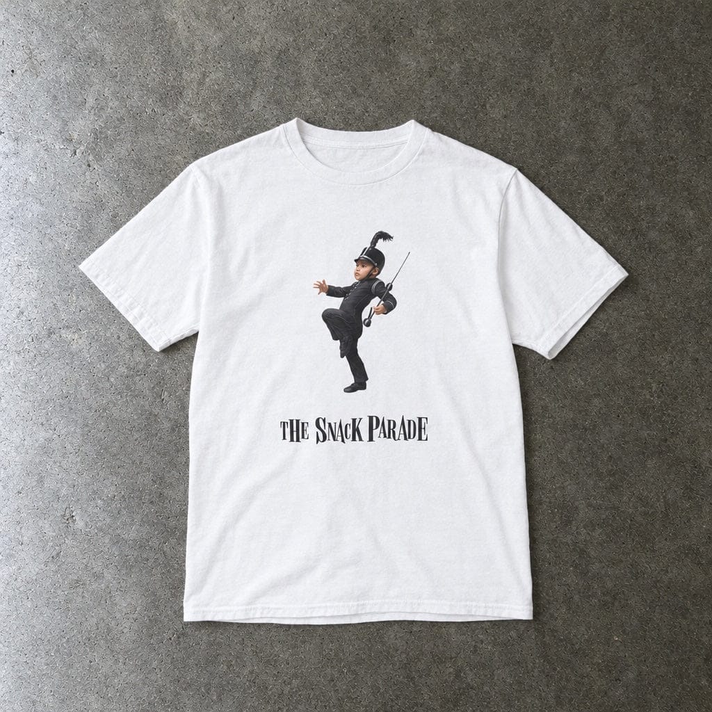 The Snack Parade youth tee in white, laid flat