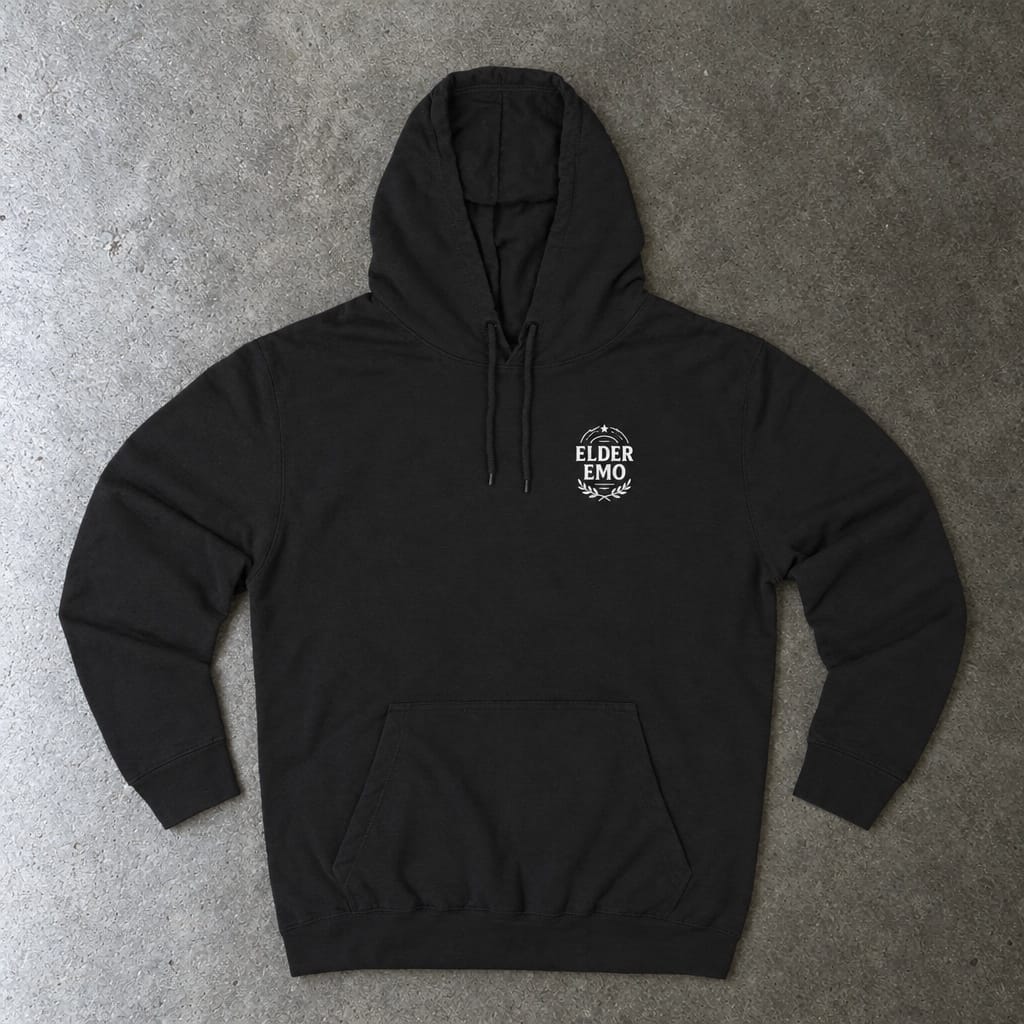 From Mosh Pits to Mezzanines Hoodie in black, laid flat