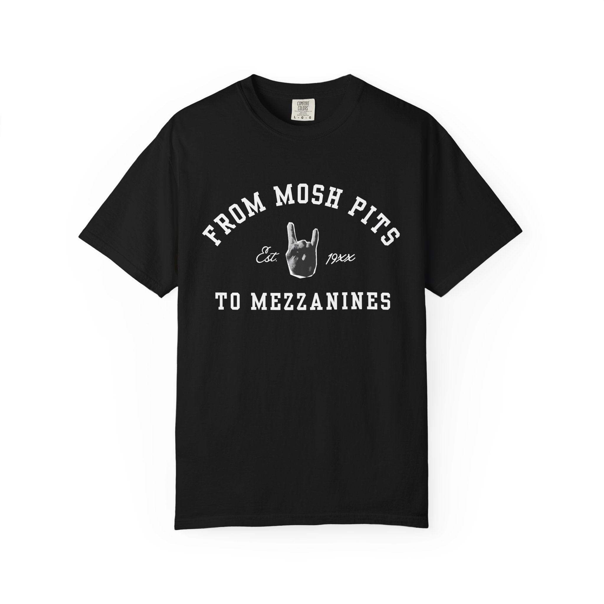 From Mosh Pits To Mezzanines Varsity Tee on Comfort Colors Black / S