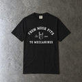 From Mosh Pits To Mezzanines Varsity Tee on Comfort Colors Black / S