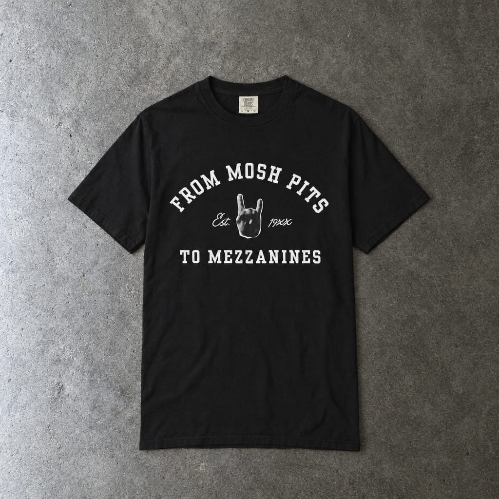 From Mosh Pits To Mezzanines Varsity Tee on Comfort Colors Black / S