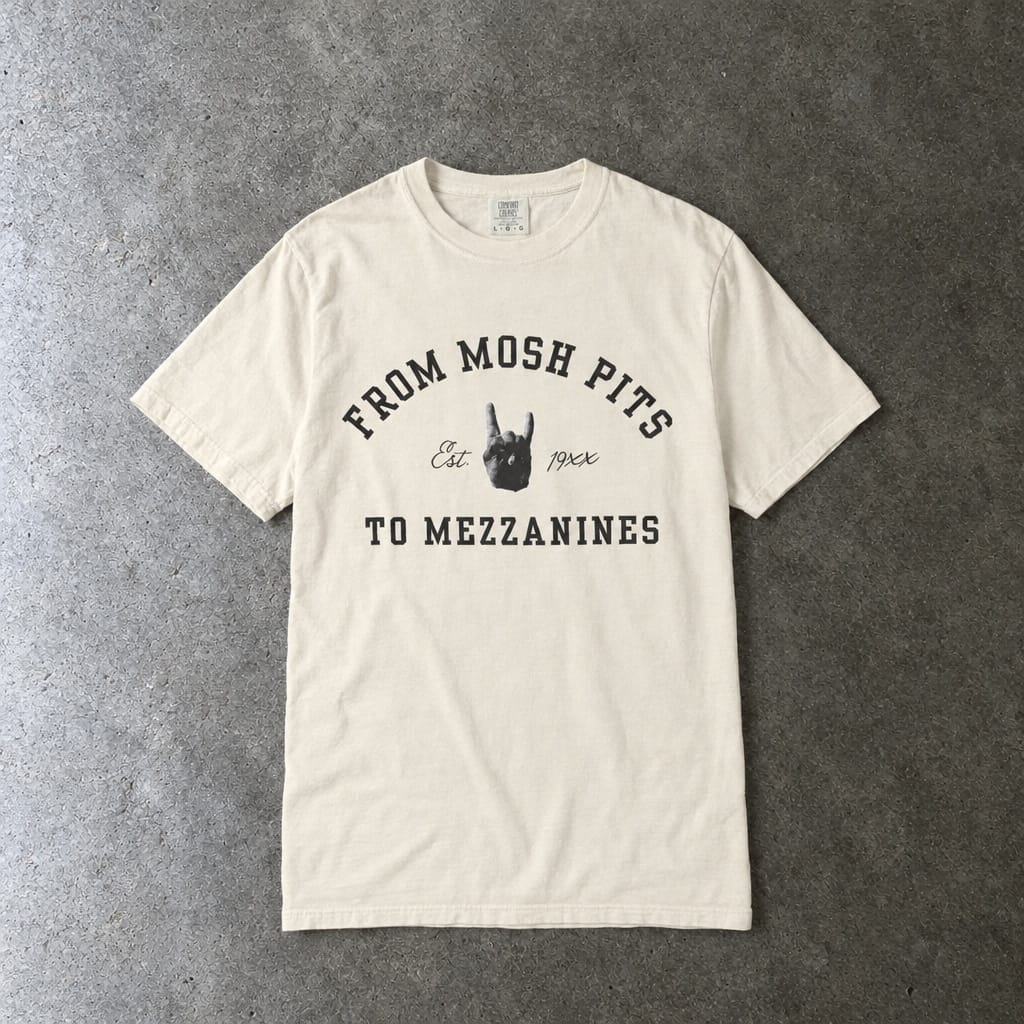 From Mosh Pits To Mezzanines Varsity Tee on Comfort Colors Ivory / S