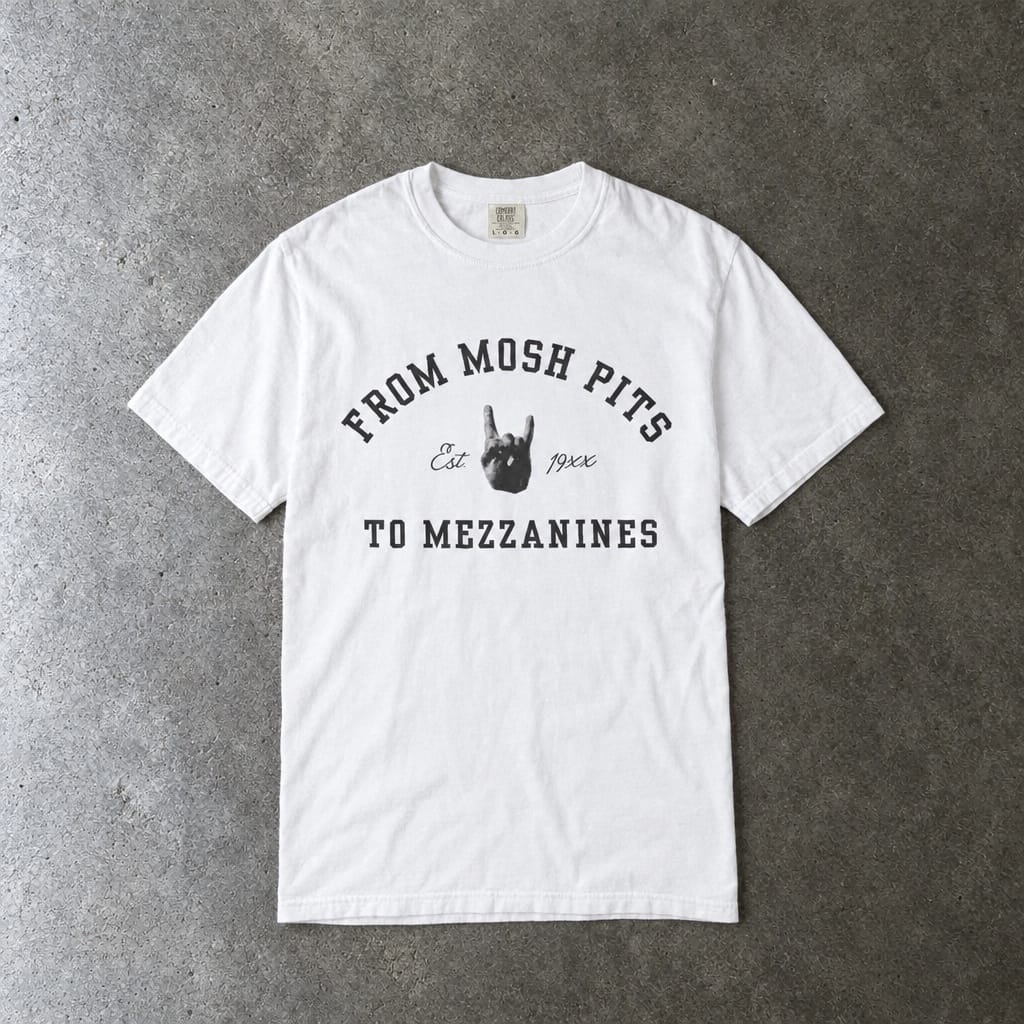 From Mosh Pits To Mezzanines Varsity Tee on Comfort Colors White / S