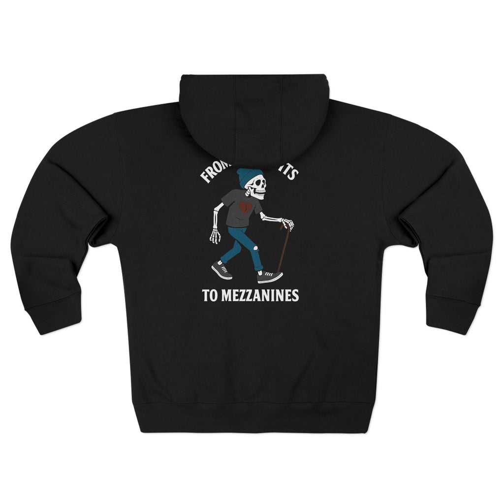 From Mosh Pits to Mezzanines Zip-up Hoodie S / Black
