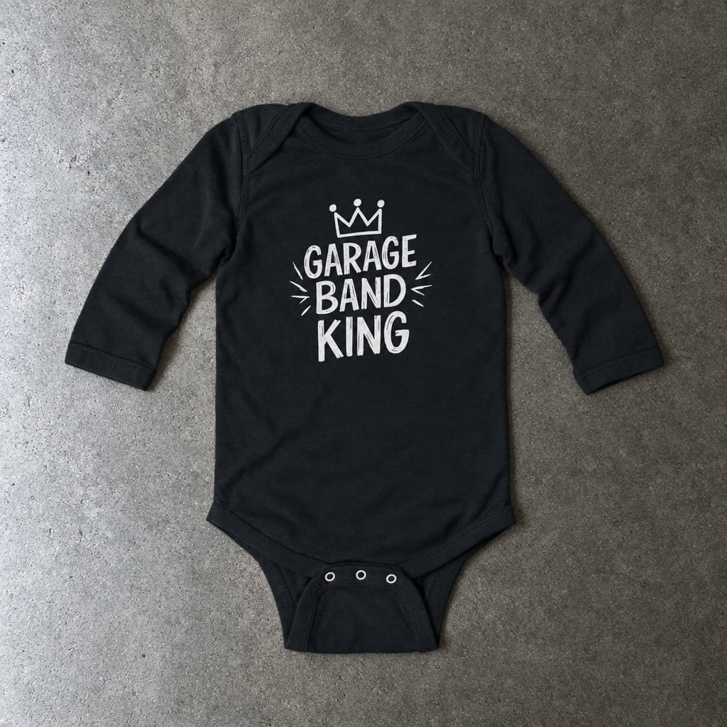 Garage Band King long sleeve onesie in black, laid flat