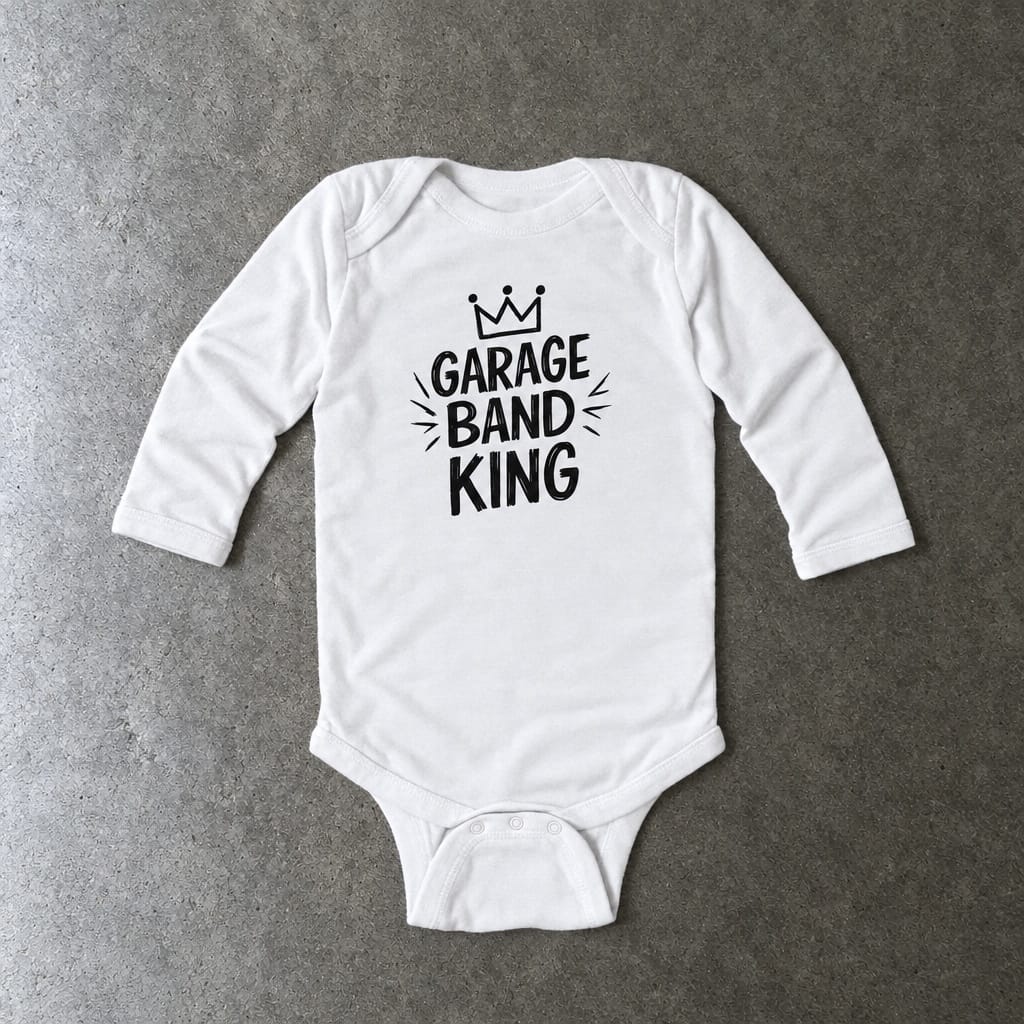 Garage Band King long sleeve onesie in white, laid flat