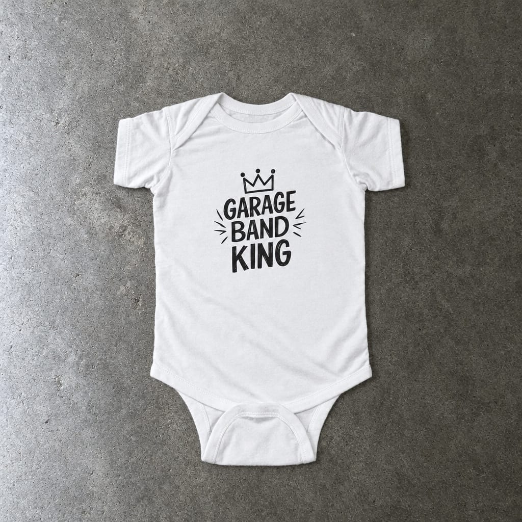 Garage Band King onesie in white, laid flat