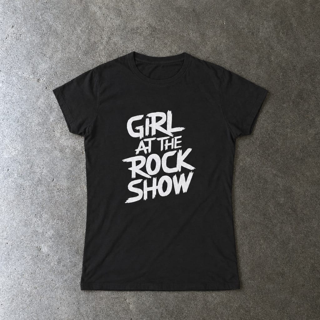 Girl At The Rock Show women's tee in black, laid flat