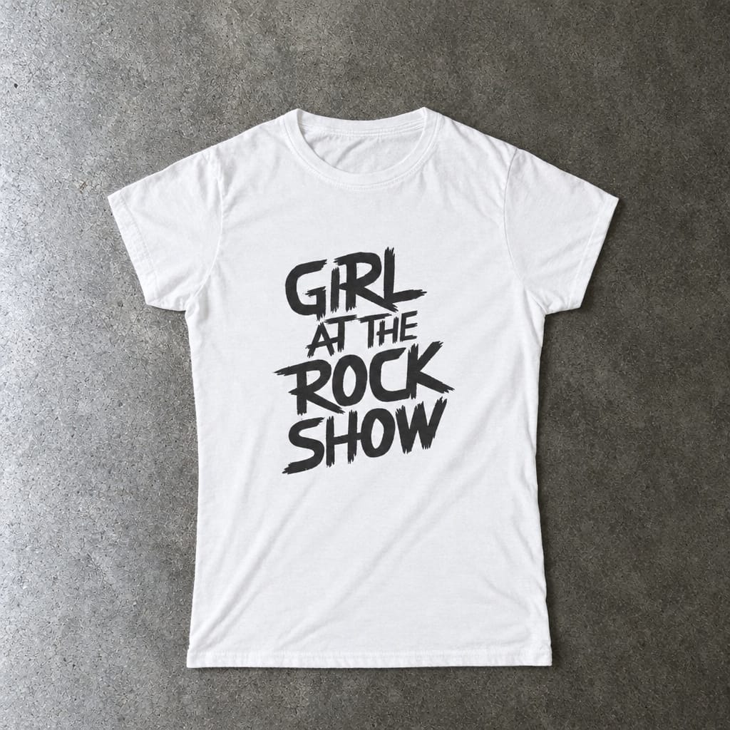 Girl At The Rock Show women's tee in white, laid flat