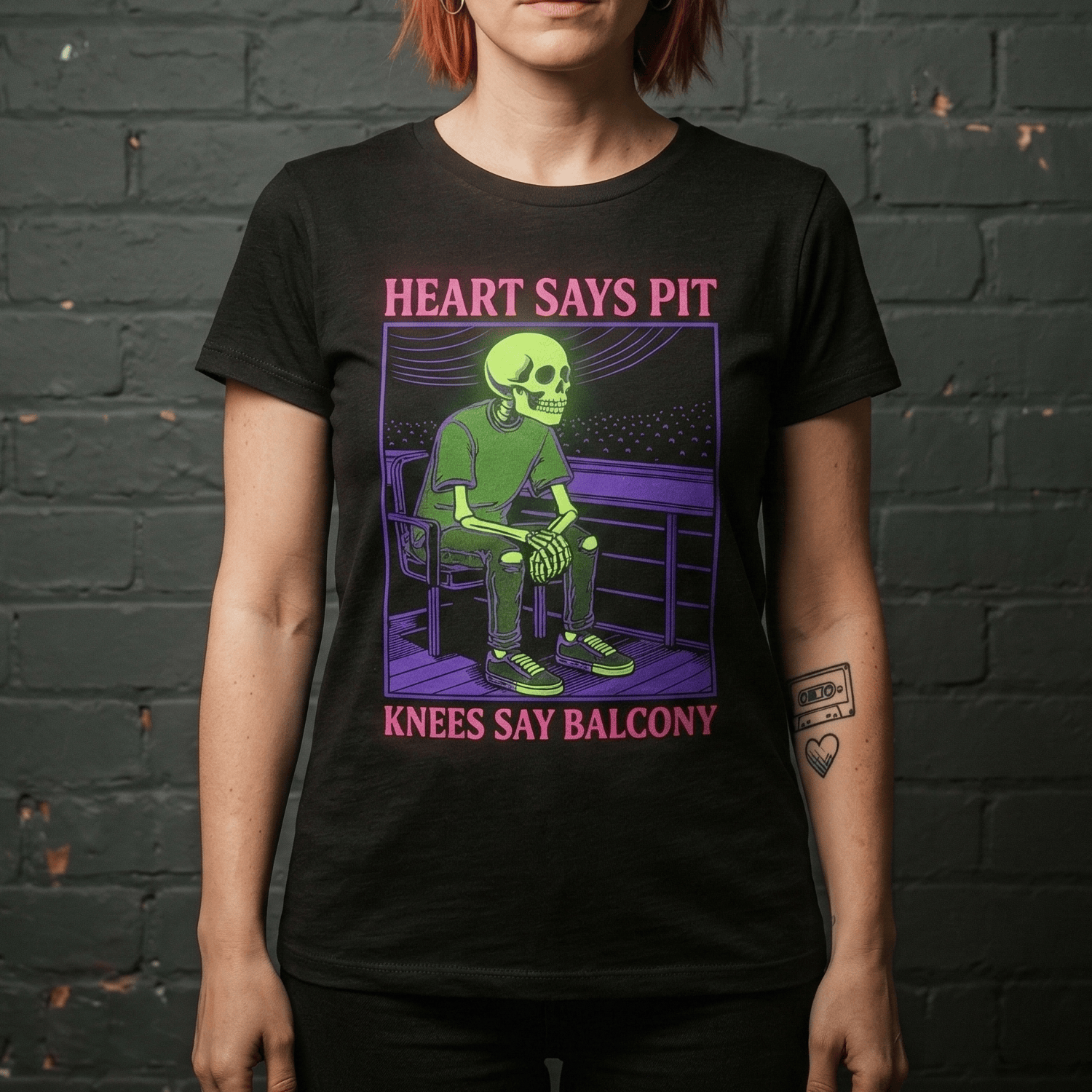 Heart Says Pit, Knees Say Balcony Neon Edition - Women's Tee