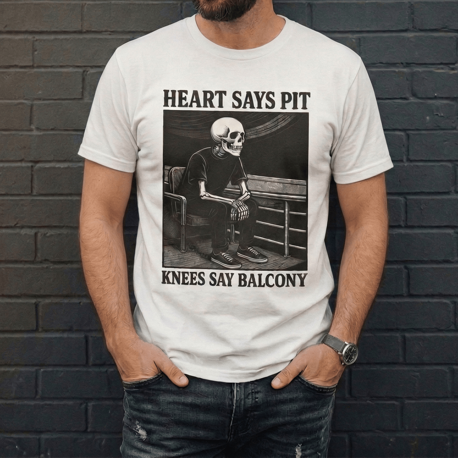 Heart Says Pit, Knees Say Balcony Tee