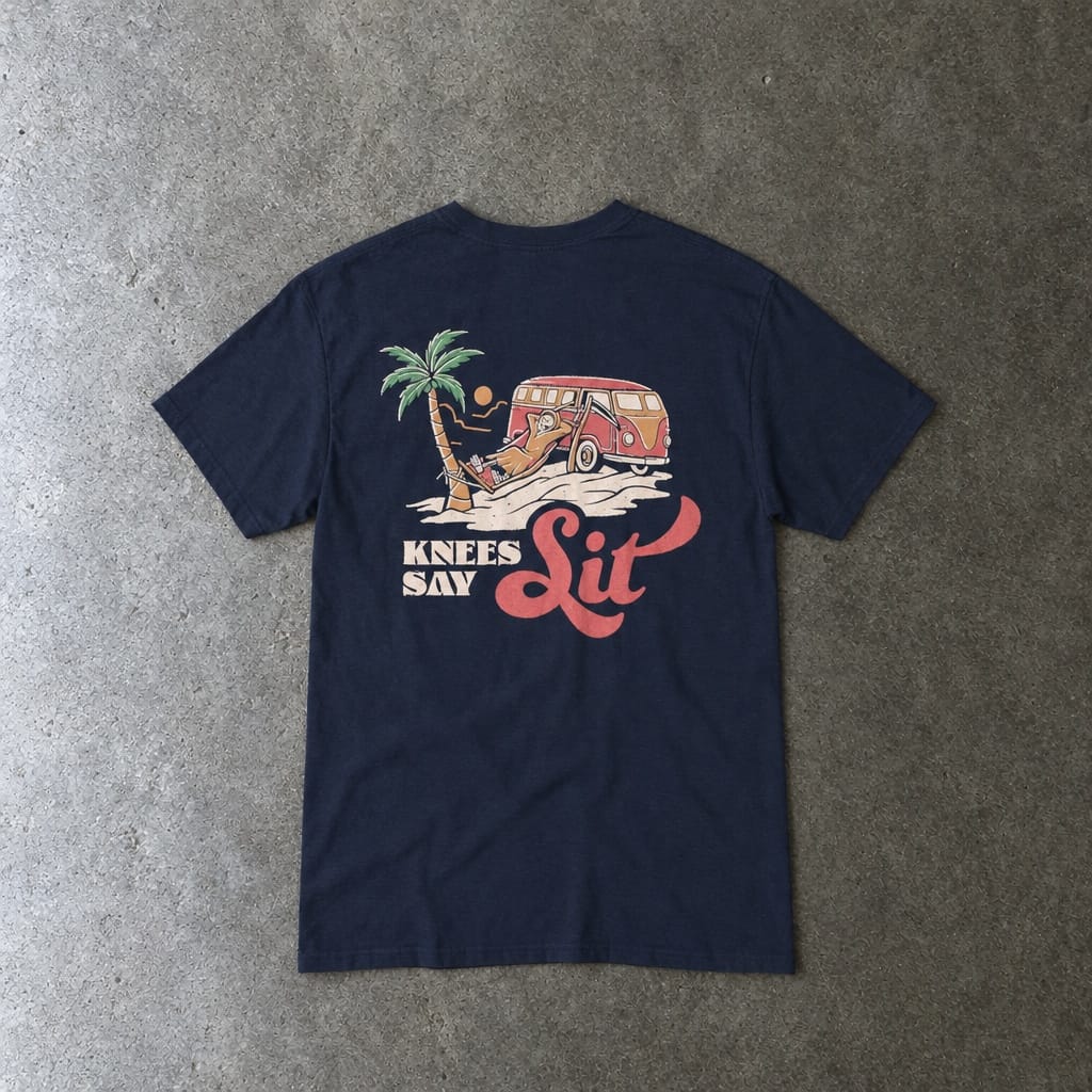 Heart Says Pit, Knees Say Sit Tee in navy, laid flat, back view