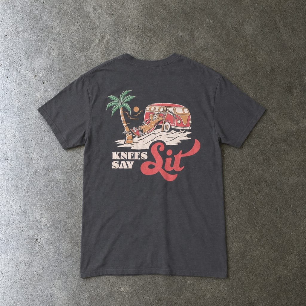 Heart Says Pit, Knees Say Sit Tee in charcoal, laid flat, back view