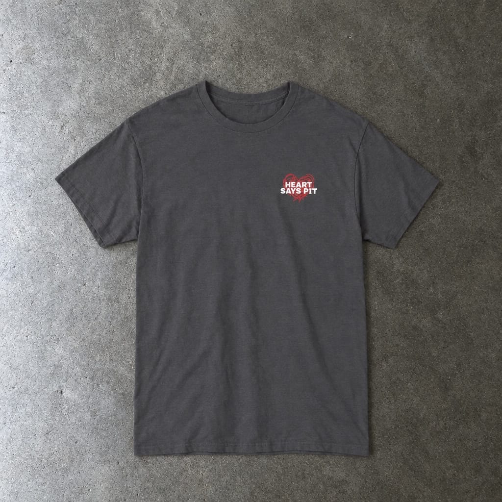 Hearts Says Pit, Back Says Balcony Tee in charcoal, laid flat