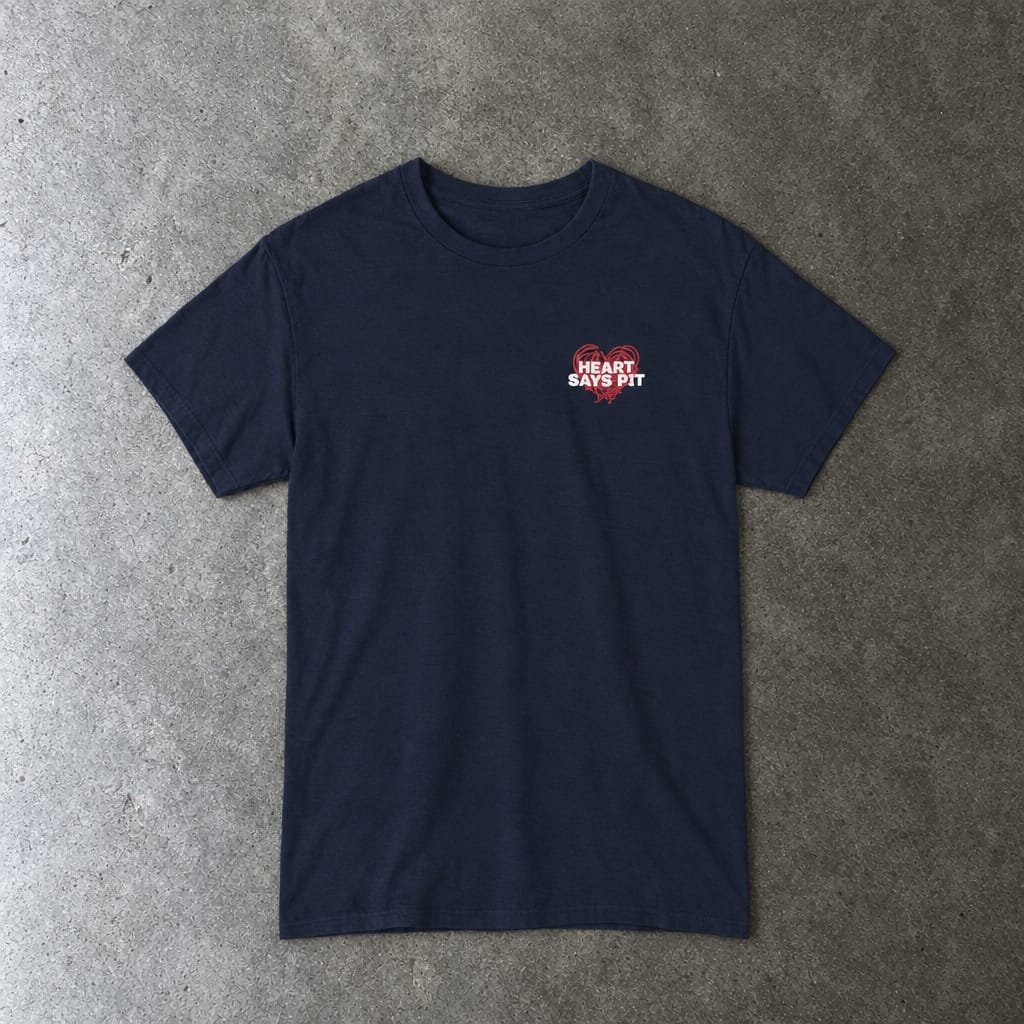 Hearts Says Pit, Back Says Balcony Tee in navy, laid flat