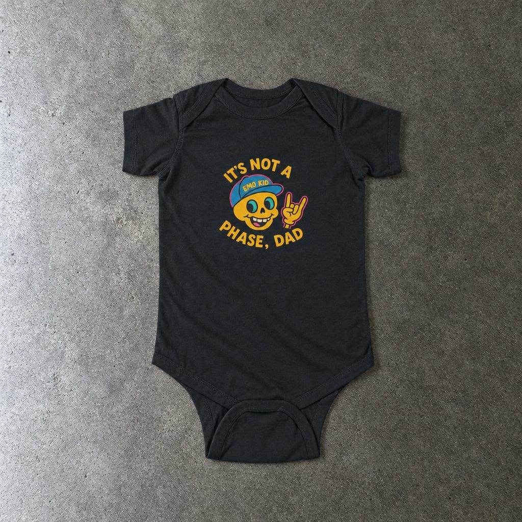 It's Not A Phase, Dad onesie in black, laid flat