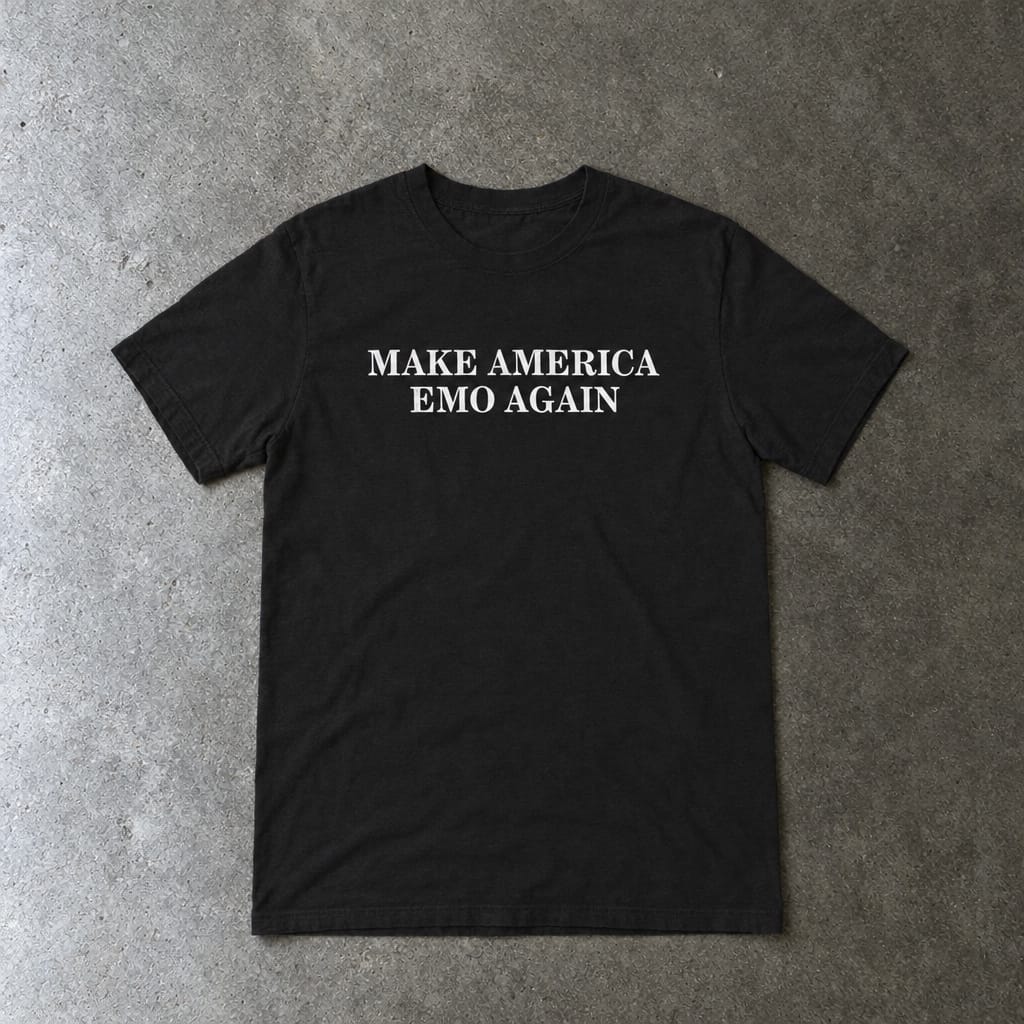 Make America Emo Again Tee in black, laid flat