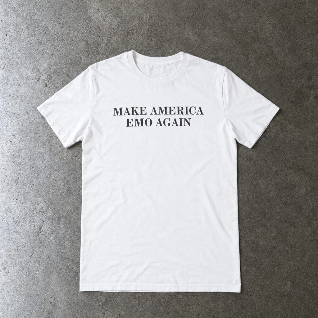 Make America Emo Again Tee in white, laid flat
