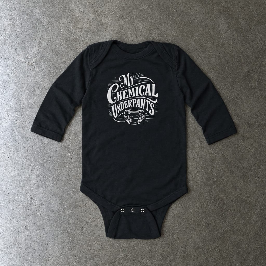 My Chemical Underpants long sleeve onesie in black, laid flat