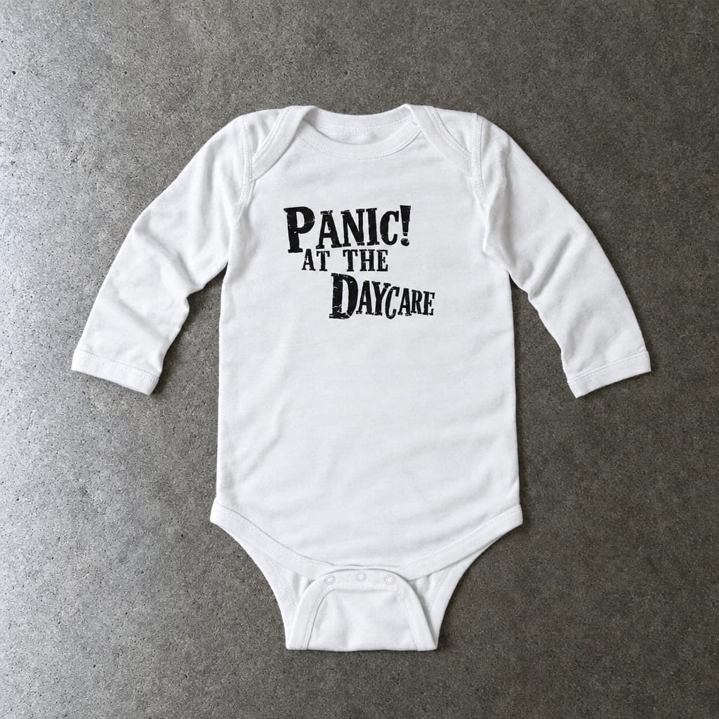 Panic! At The Daycare long sleeve onesie in white, laid flat