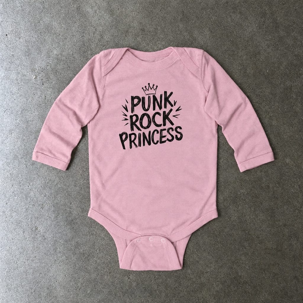 Punk Rock Princess long sleeve onesie in pink, laid flat