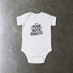 Punk Rock Princess onesie in white, laid flat