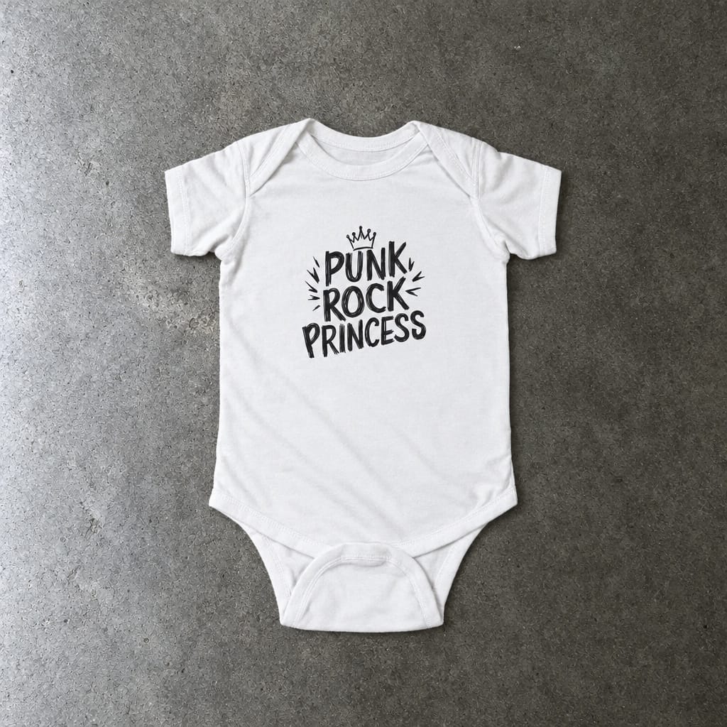 Punk Rock Princess onesie in white, laid flat