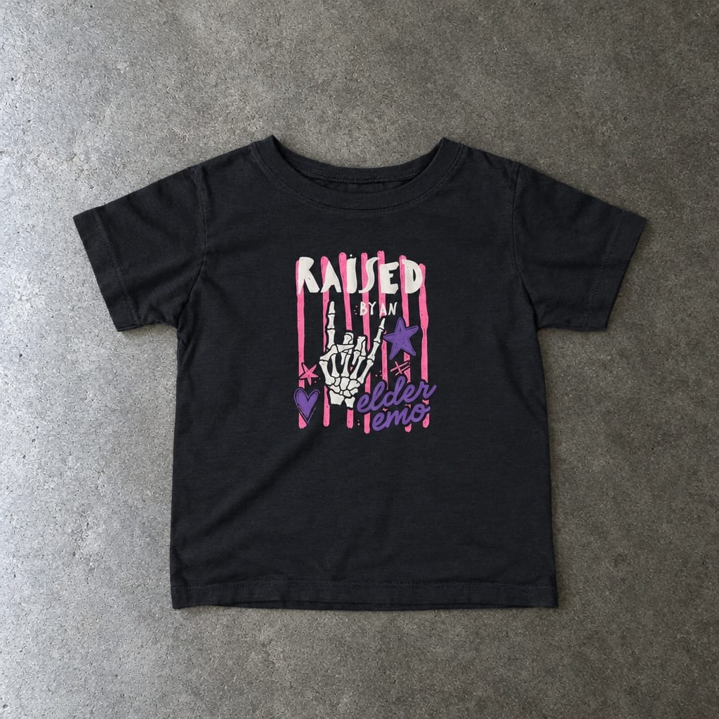 Raised by an Elder Emo 2.0 Baby Tee in black, laid flat