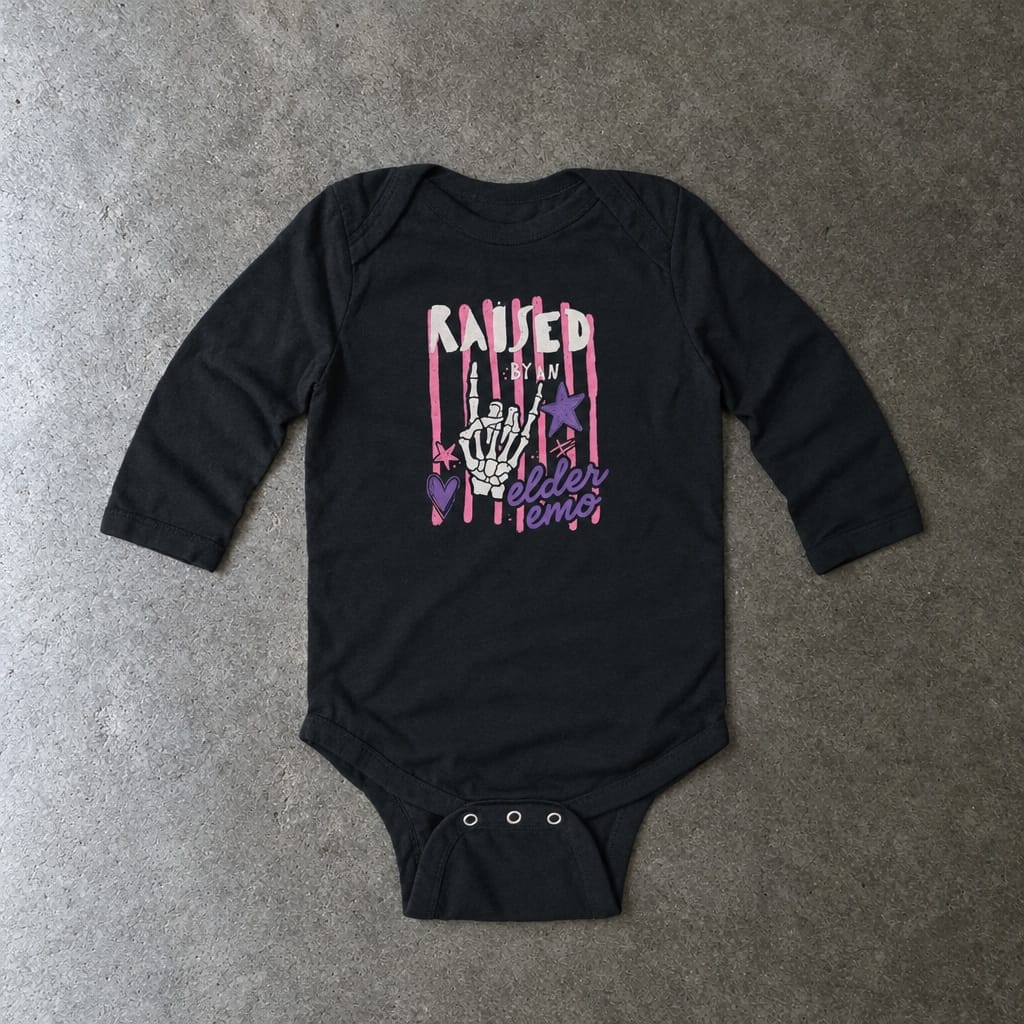 Raised by an Elder Emo 2.0 Long Sleeve Bodysuit in black, laid flat