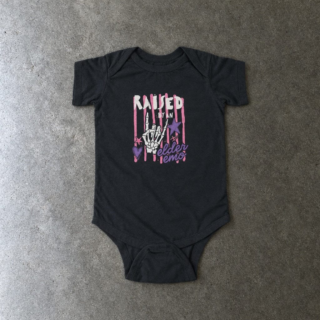 Raised by an Elder Emo 2.0 Onesie in black, laid flat