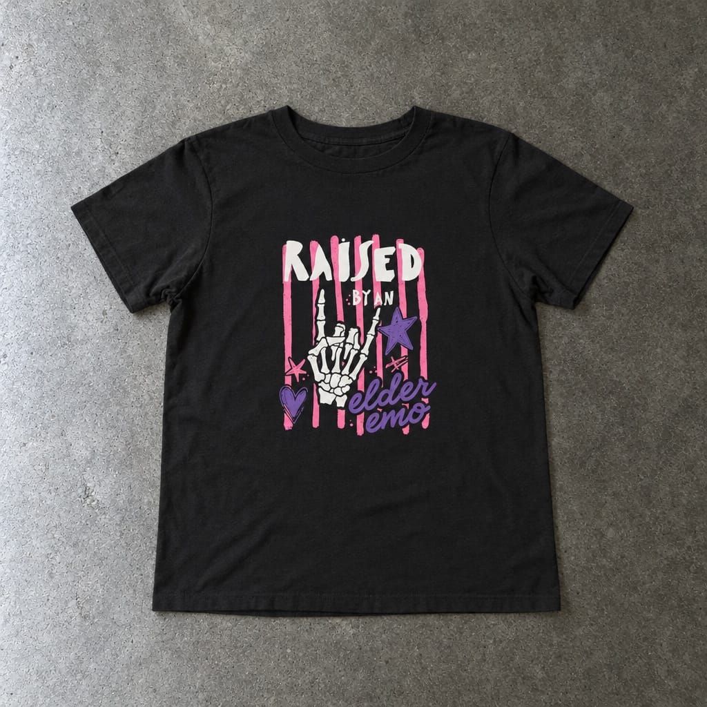 Raised by an Elder Emo 2.0 toddler tee in black, laid flat