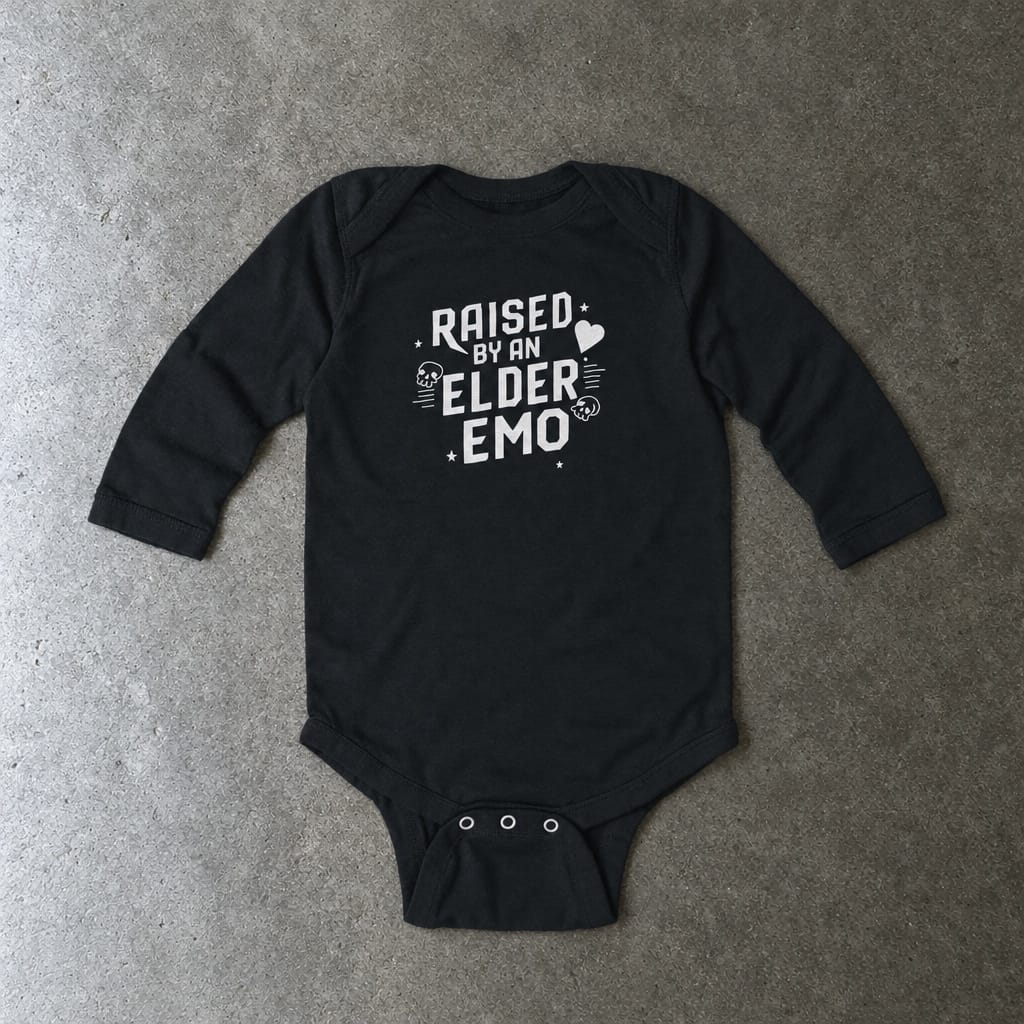 Raised by an Elder Emo long sleeve onesie in black, laid flat