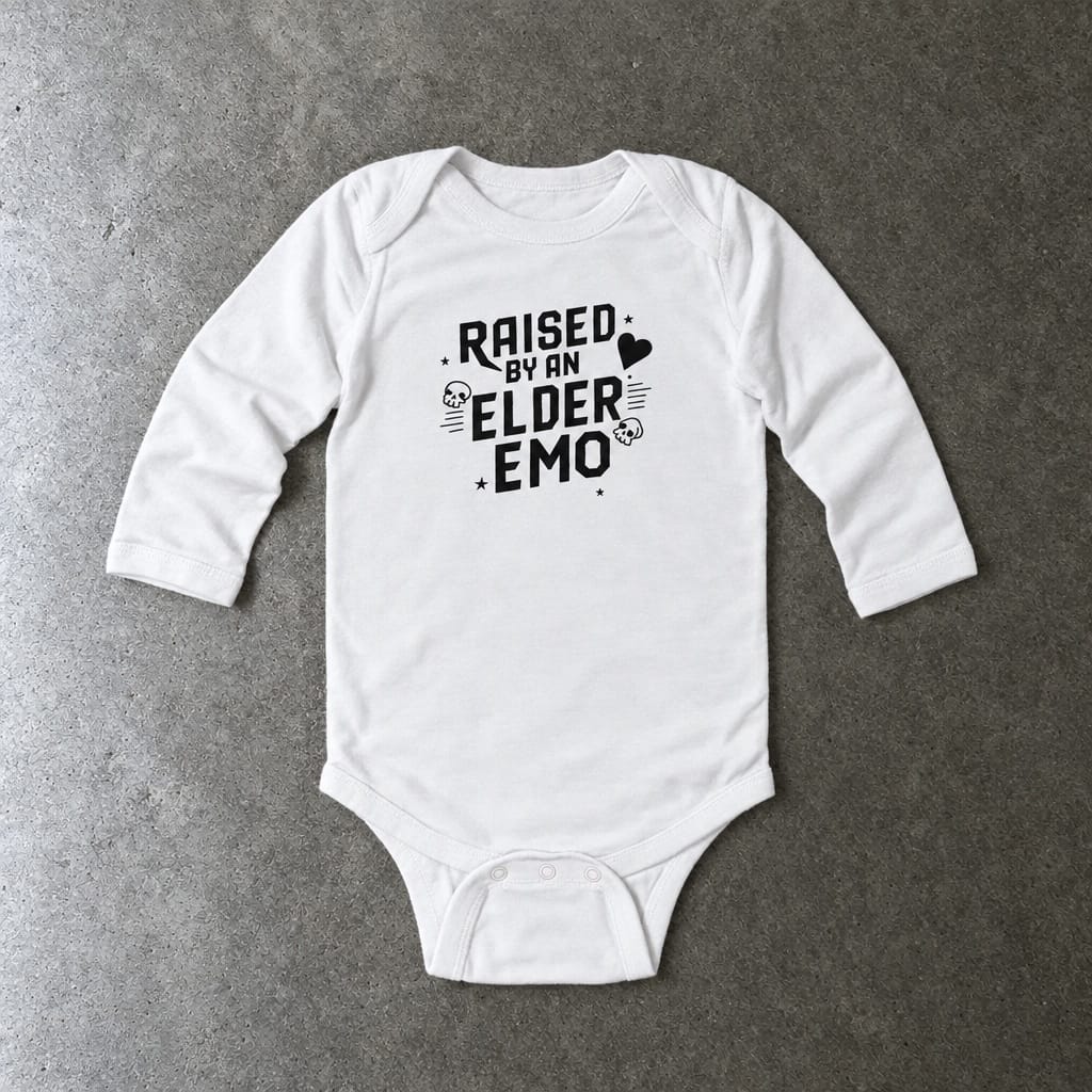 Raised by an Elder Emo long sleeve onesie in white, laid flat