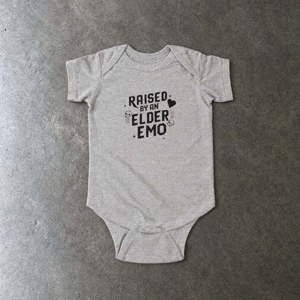 Raised by an Elder Emo onesie in ash, laid flat
