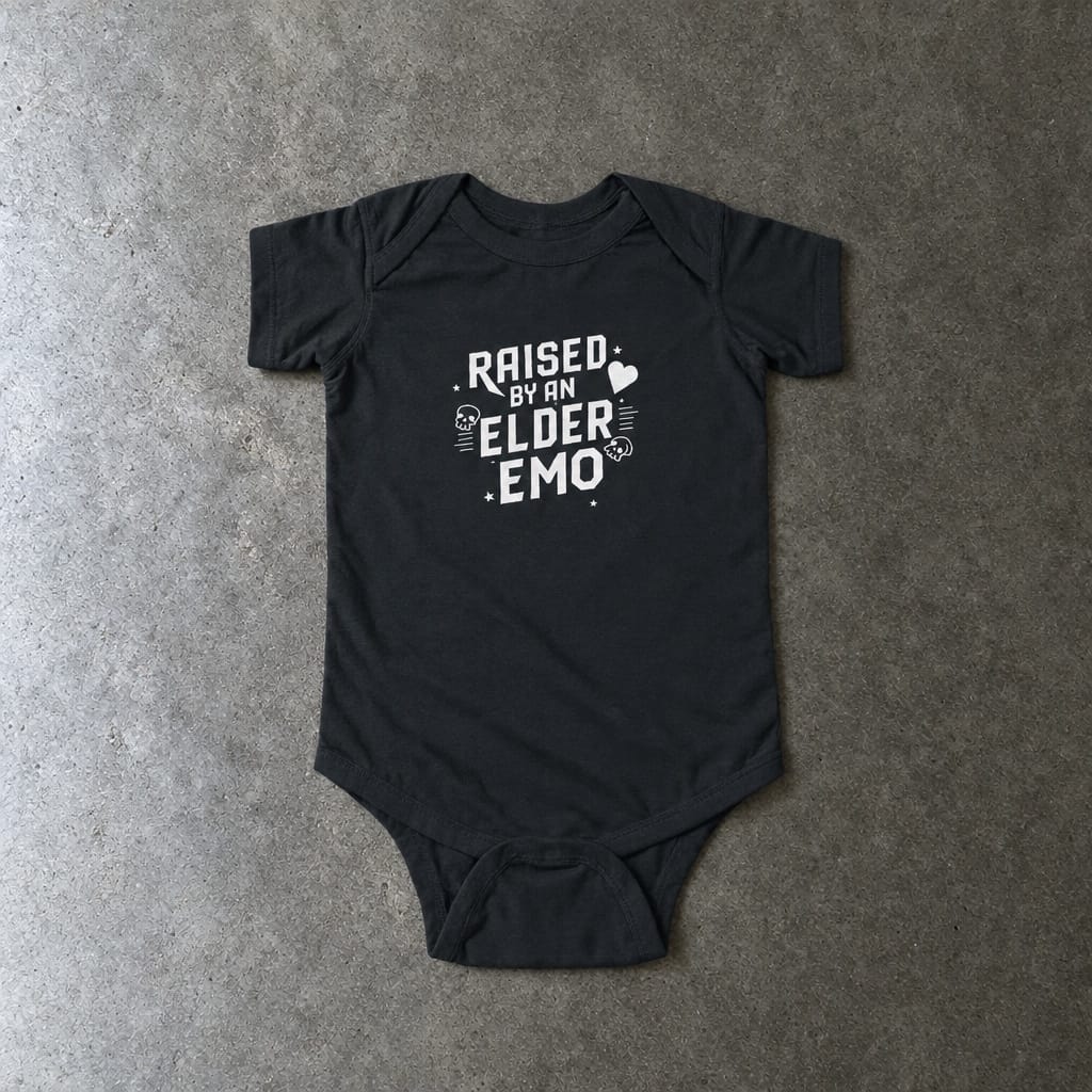 Raised by an Elder Emo onesie in black, laid flat