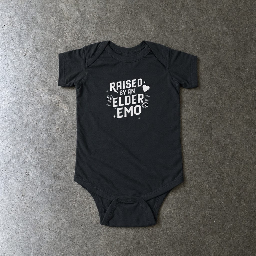 Raised by an Elder Emo onesie in black, laid flat