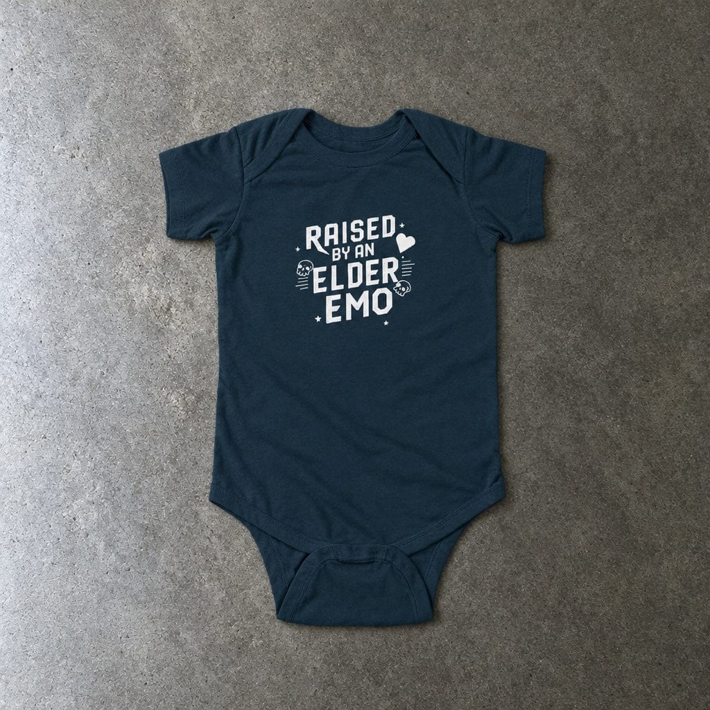 Raised by an Elder Emo onesie in navy, laid flat