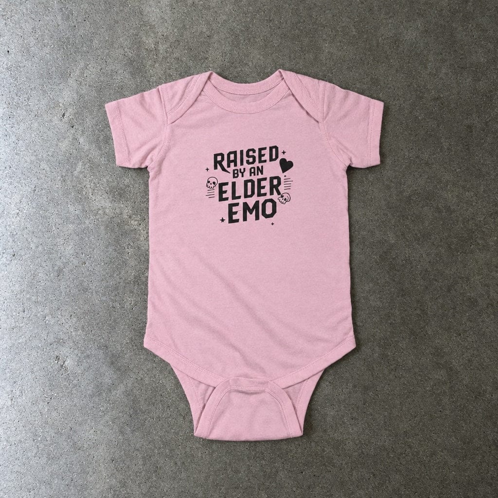 Raised by an Elder Emo onesie in pink, laid flat